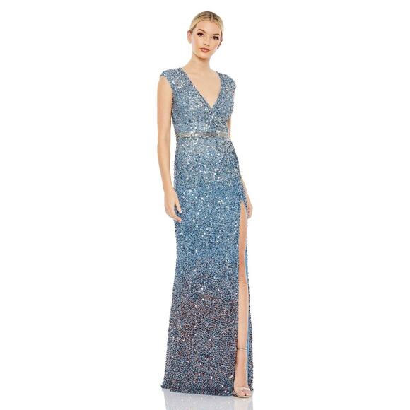 Mac Duggal 5489 Cap Sleeve Sequined High Slit Gown Beaded Blue Ombre Size 12 NWT - Picture 1 of 14